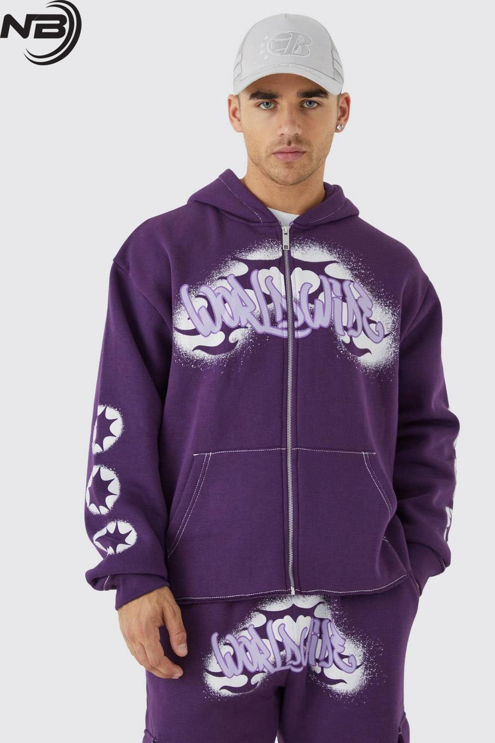 Custom Manufacturer Oversized Graffiti Gusset Cargo Tracksuit in Purple Breathable Cropped Grunge zip Hooded Cargo Tracksuit