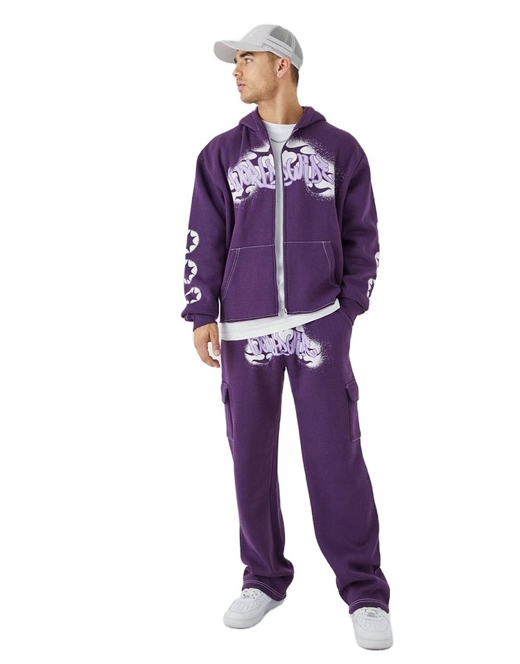 Custom Manufacturer Oversized Graffiti Gusset Cargo Tracksuit in Purple Breathable Cropped Grunge zip Hooded Cargo Tracksuit