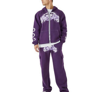 Custom Manufacturer Oversized Graffiti Gusset Cargo Tracksuit in Purple Breathable Cropped Grunge zip Hooded Cargo Tracksuit