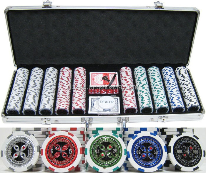 500pcs sticker poker chip set in Silver aluminium case