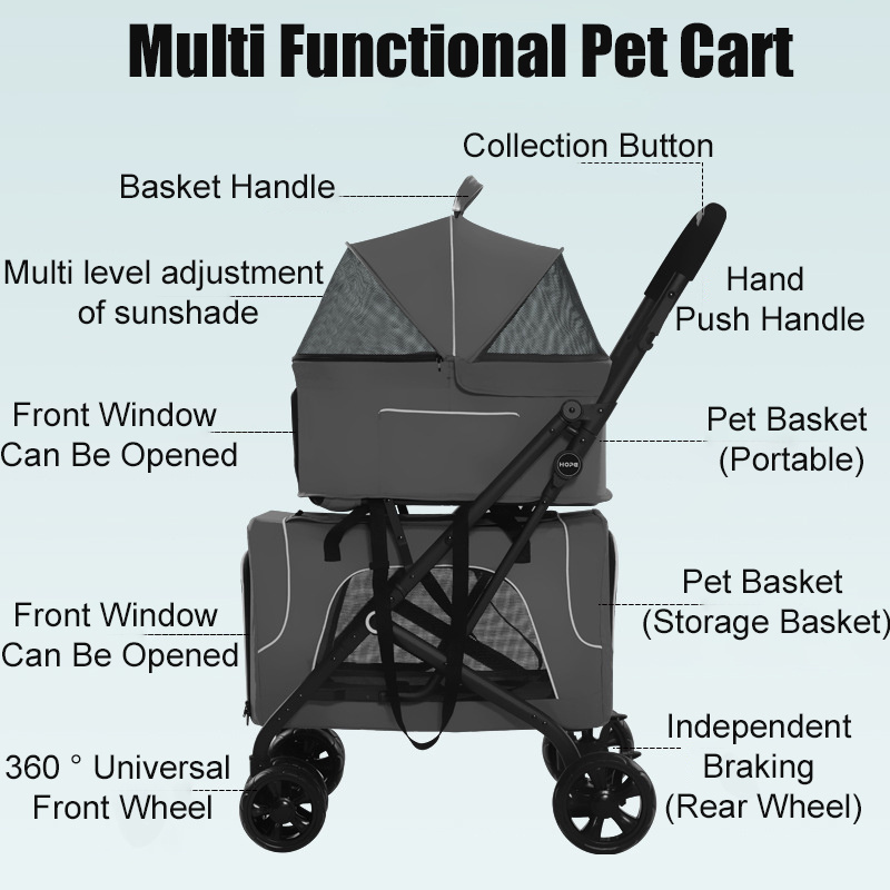 Foldable 3 in 1 Pet Stroller Double Layer Pet Carrier Bag Detachable Dog Stroller for Dogs Cats