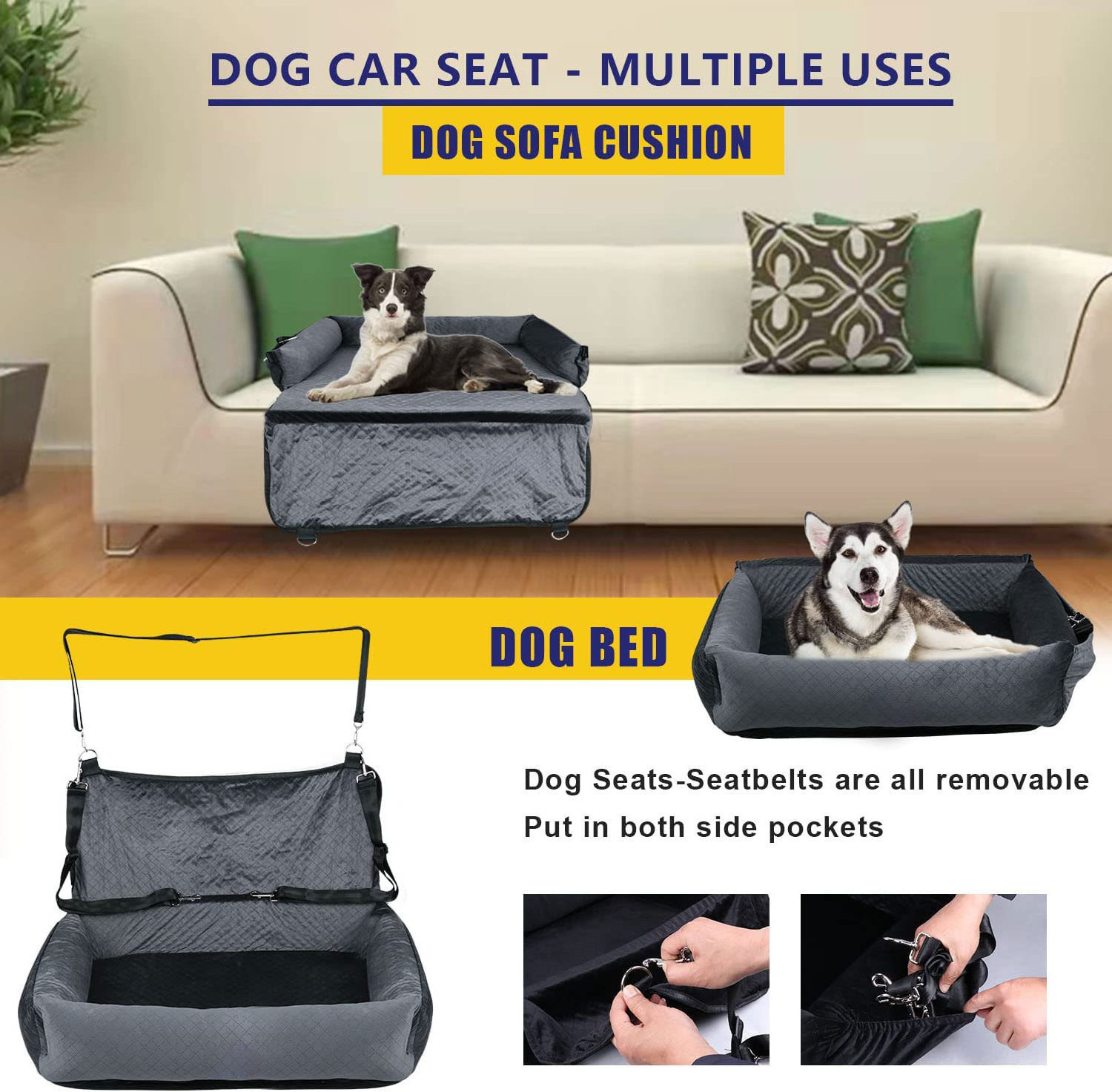 Medium Large Dog Car Bed Pet Booster Seat with Adjustable Straps Safety Tethers Multifunctional Pet Travel Beds Car Back Seats