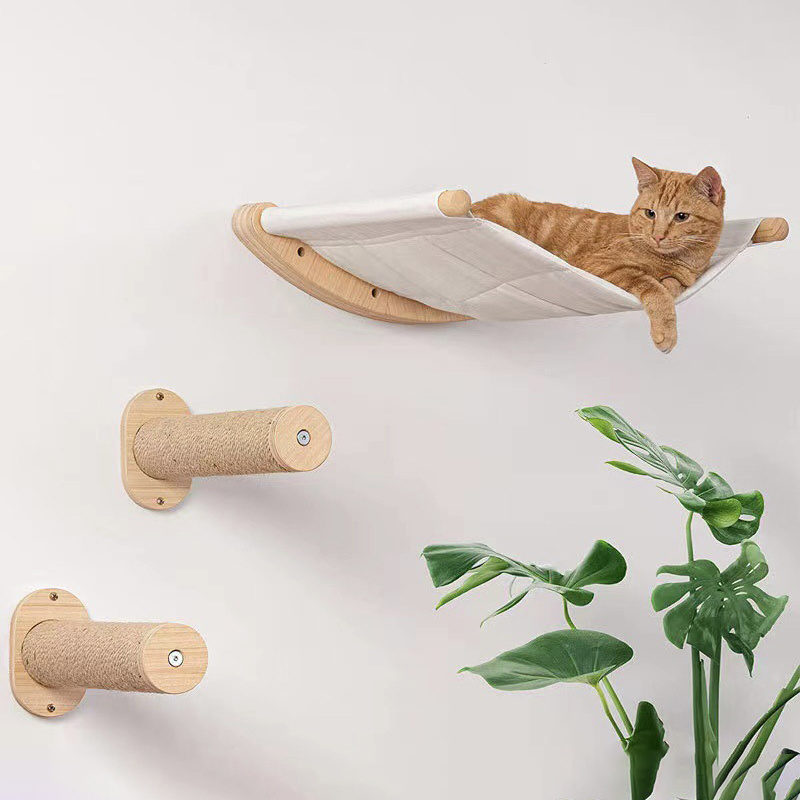 Wooden Multi-layer Cat Climbing Rack Trees Hammock Bed Wall Mounted Furniture Cats Scratcher Cat Wall Shelves and Perches