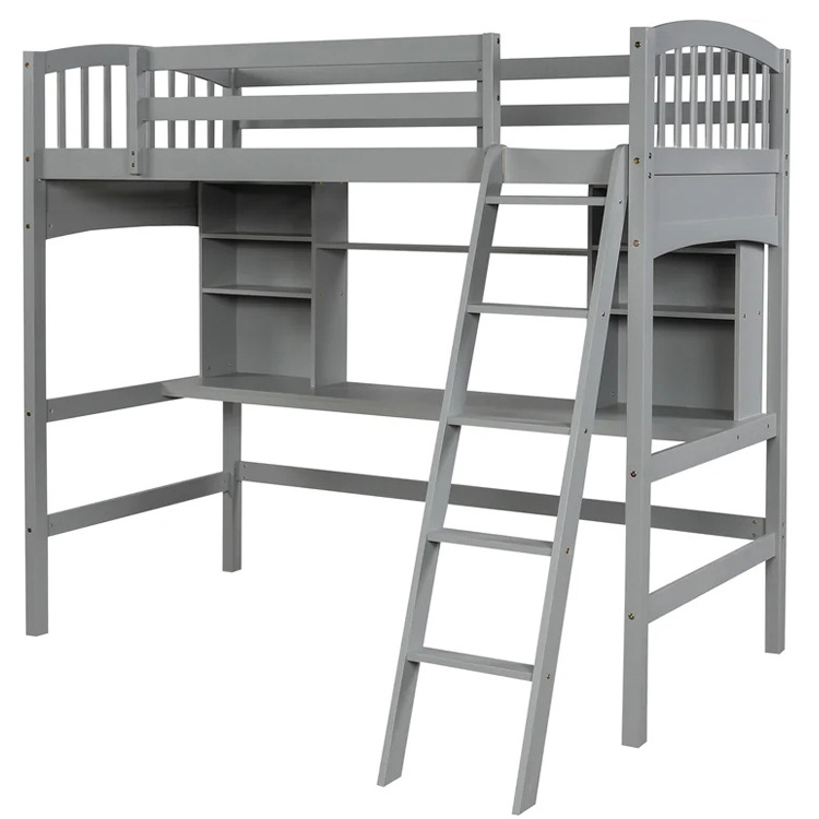 Bedroom Furniture Full Sized Wooden Frame Kids Teens Boys Girls Children High Loft Bed with Desk and Storage Shelves