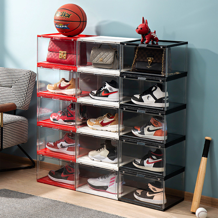 Living Room Foldable Stackable Magnetic Acrylic Transparent Plastic Sneaker Shoe Storage Organizer Box Rack