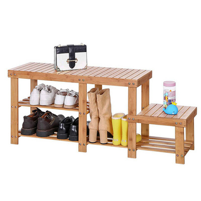 Living Room Entryway Hallway Bamboo Wooden Shoe Rack Bench 2 Tier Shoe Storage Organizer Cabinet with Seat