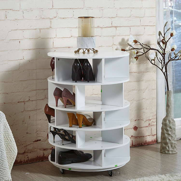 Home Furniture Space Saving White Wooden 360 Rotating Round Shoe Organizer Storage Cabinet Rack with Wheels