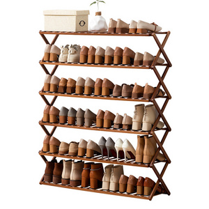 Household Living Room Entryway Portable Folding Foldable Collapsible 6 Tier Wooden Bamboo Shoes Storage Rack