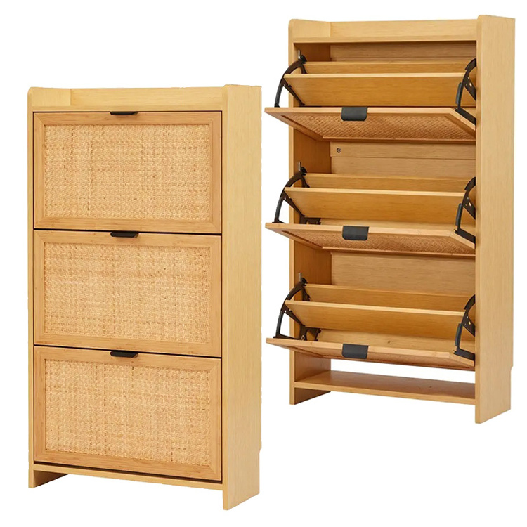 Home Living Room Entryway 3 Tier Bamboo Rattan Rotating Pull Out Shoe Rack Shoe Storage Organizer Cabinet