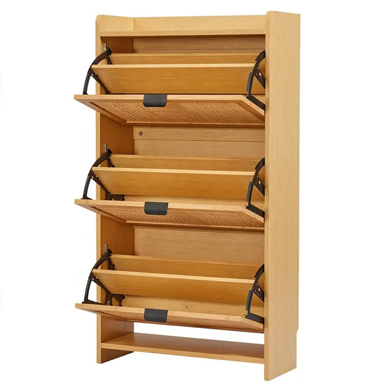 Home Living Room Entryway 3 Tier Bamboo Rattan Rotating Pull Out Shoe Rack Shoe Storage Organizer Cabinet