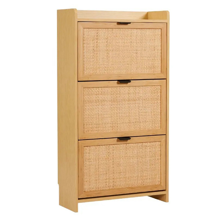 Home Living Room Entryway 3 Tier Bamboo Rattan Rotating Pull Out Shoe Rack Shoe Storage Organizer Cabinet