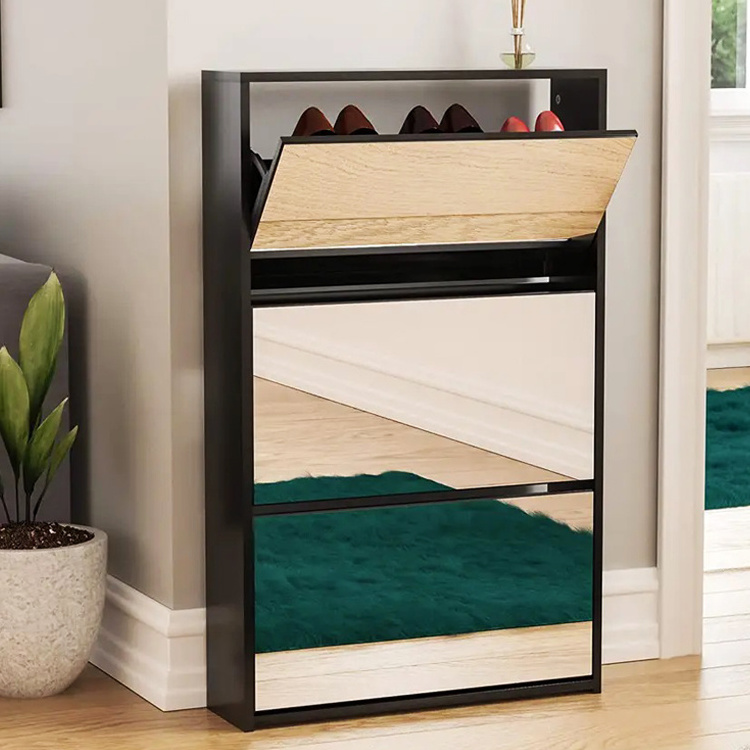 Home Living Room Entryway 2/3/4/5 Tier Wooden Mirror Rotating Pull Out Shoe Rack Shoe Storage Cabinet