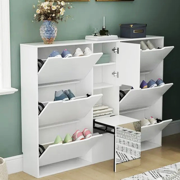 Home Living Room Entryway Wooden Mirror Rotating Pull Out Shoe Rack 24 Pair Shoe Storage Organizer Cabinet with Seat