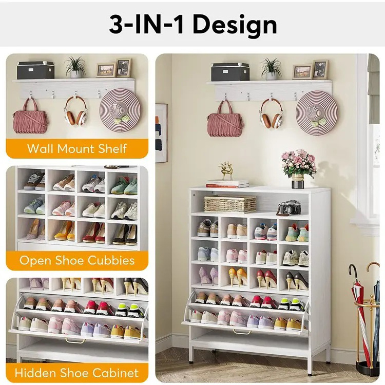 Home Living Room Entryway Wooden Rotating Pull Out Shoe Rack 18 Pairs Shoe Storage Organizer Closet Cabinet