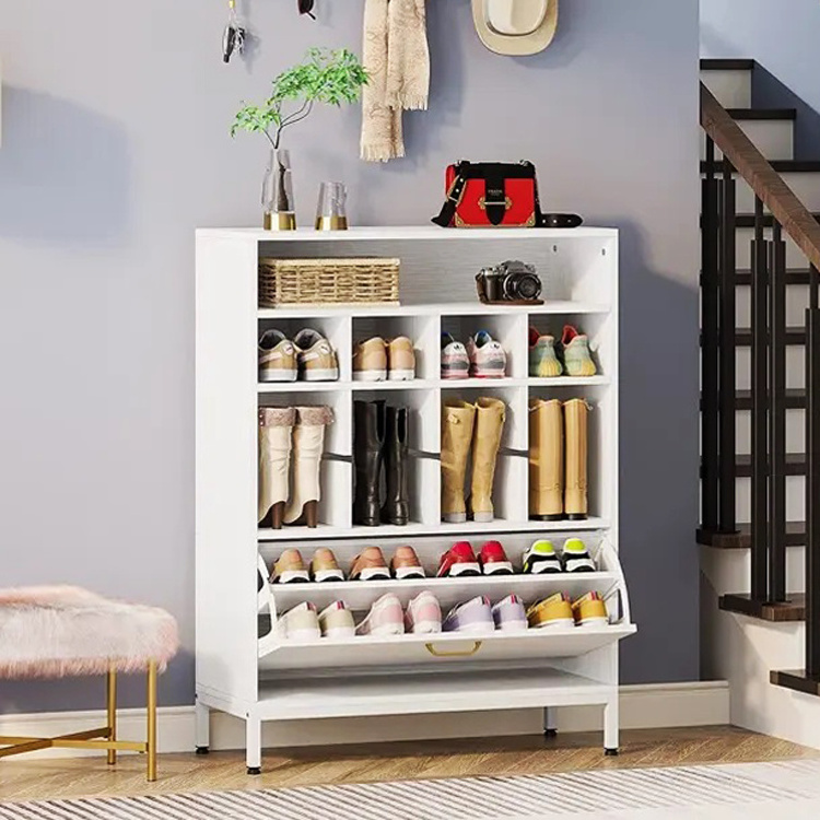 Home Living Room Entryway Wooden Rotating Pull Out Shoe Rack 18 Pairs Shoe Storage Organizer Closet Cabinet