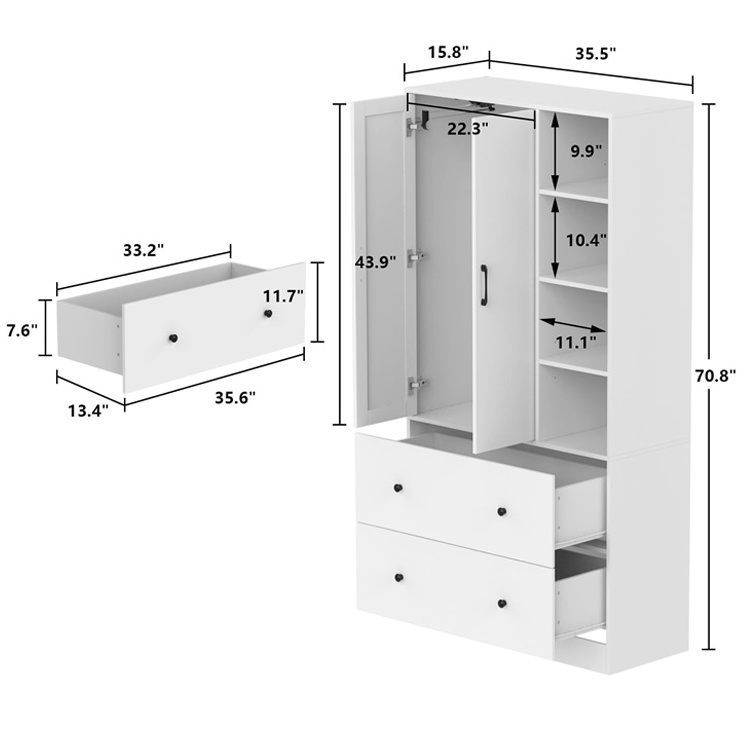 Home Bedroom Armoire Clothes Storage Organizer Shelf Wardrobe Cabinet Cupboard 2 Door Drawers Wooden Wardrobe Closet with Mirror