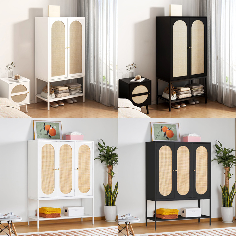 Bedroom Armoire Wooden Rattan Freestanding Storage Organizer Cubes Shelf Wardrobe Cabinet Clothing Hanging Rod Wardrobe Closet