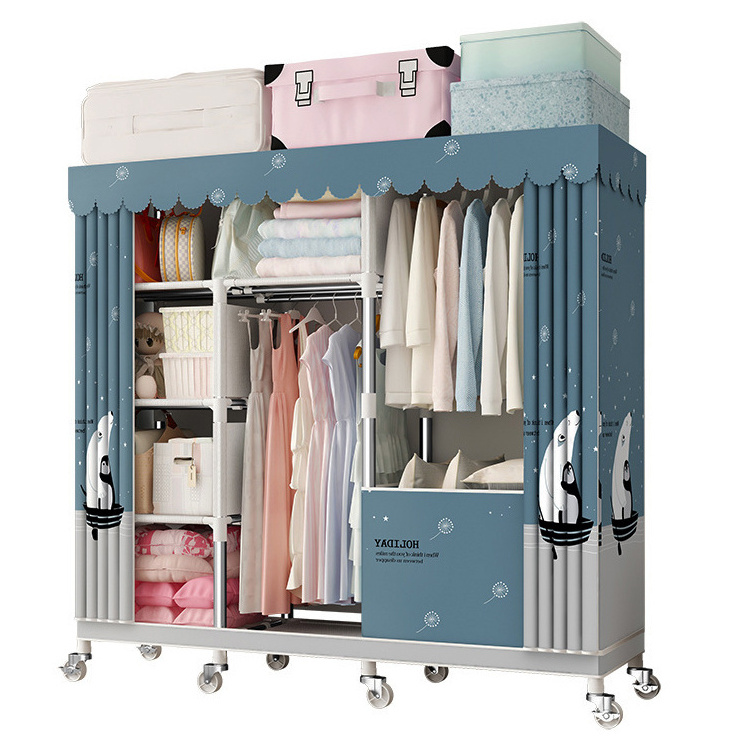 Bedroom Armoire Metal Fabric Portable Storage Organizer Shelf Wardrobe Cabinet Clothing Wardrobe Closet Cupboard with Wheels