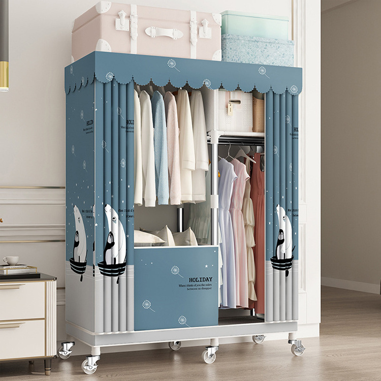 Bedroom Armoire Metal Fabric Portable Storage Organizer Shelf Wardrobe Cabinet Clothing Wardrobe Closet Cupboard with Wheels