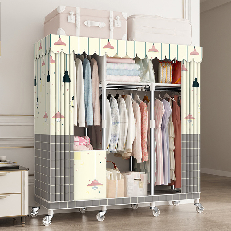 Bedroom Armoire Metal Fabric Portable Storage Organizer Shelf Wardrobe Cabinet Clothing Wardrobe Closet Cupboard with Wheels