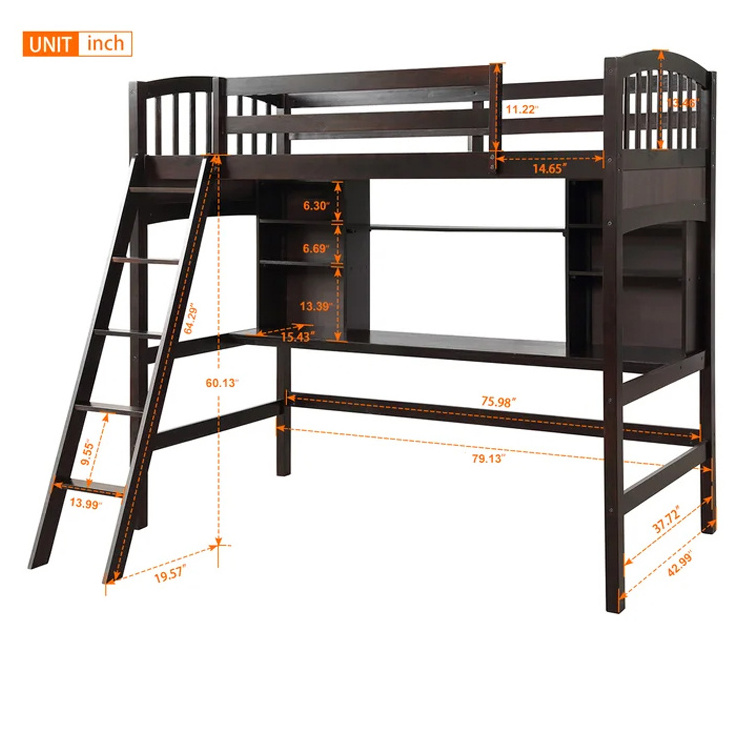 Bedroom Furniture Full Sized Wooden Frame Kids Teens Boys Girls Children High Loft Bed with Desk and Storage Shelves