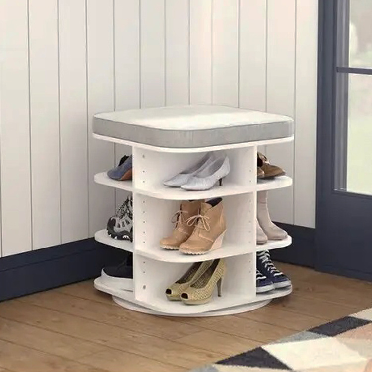 Home Living Room Bedroom Entryway Wooden Shoe Storage Organizer Cabinet 360 Rotating Shoe Rack with Stool