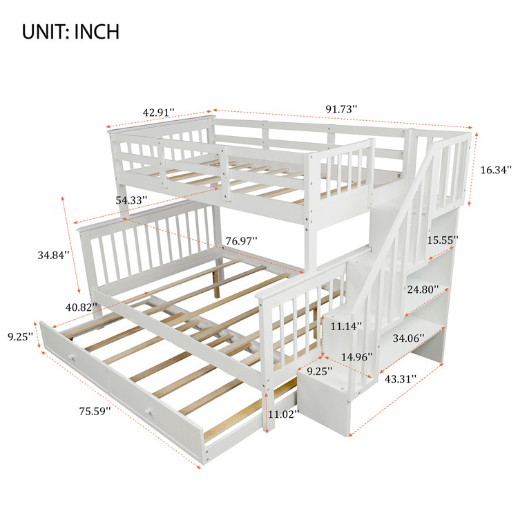 Bedroom Full Sized Wooden Frame Kids Teens Children Double Decker Loft Murphy Bed Twin Over Twin Stairway Bunk Bed with Trundle