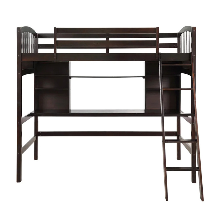 Bedroom Furniture Full Sized Wooden Frame Kids Teens Boys Girls Children High Loft Bed with Desk and Storage Shelves