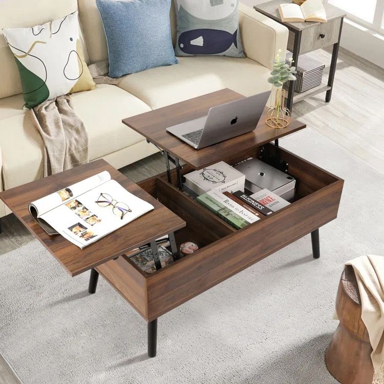 Nordic Home Living Room Multifunctional Wooden MDF End Table Square Folding Lift Top Center Tea Coffee Table with Storage