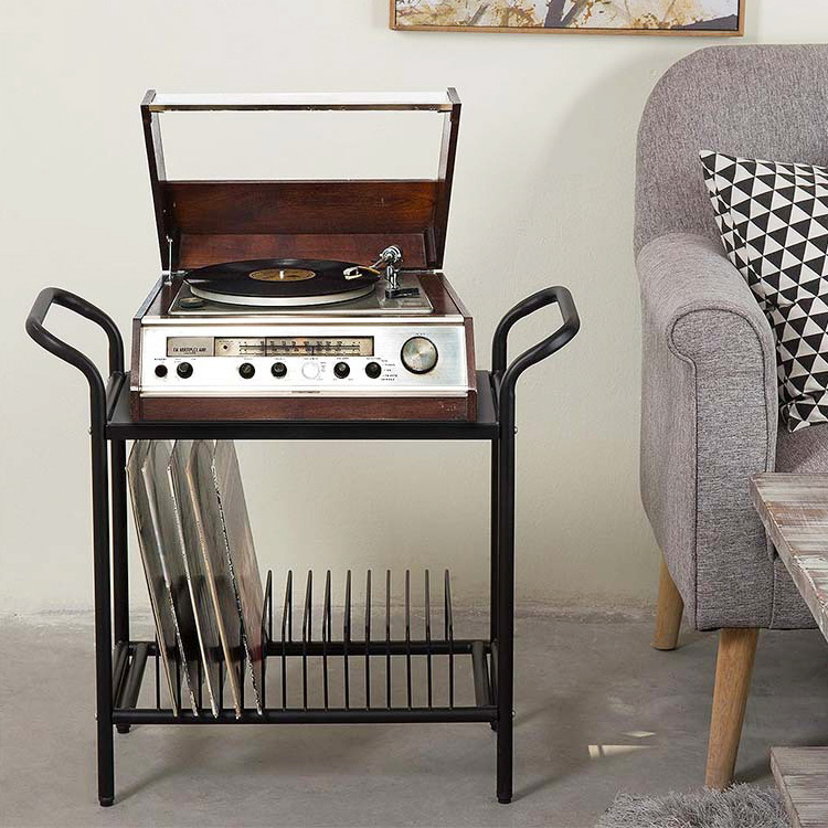 Living Room Bedroom Side End Table Metal 2 Tier Book Vinyl Record Storage Shelf Player Holder Stand