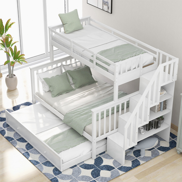 Bedroom Full Sized Wooden Frame Kids Teens Children Double Decker Loft Murphy Bed Twin Over Twin Stairway Bunk Bed with Trundle