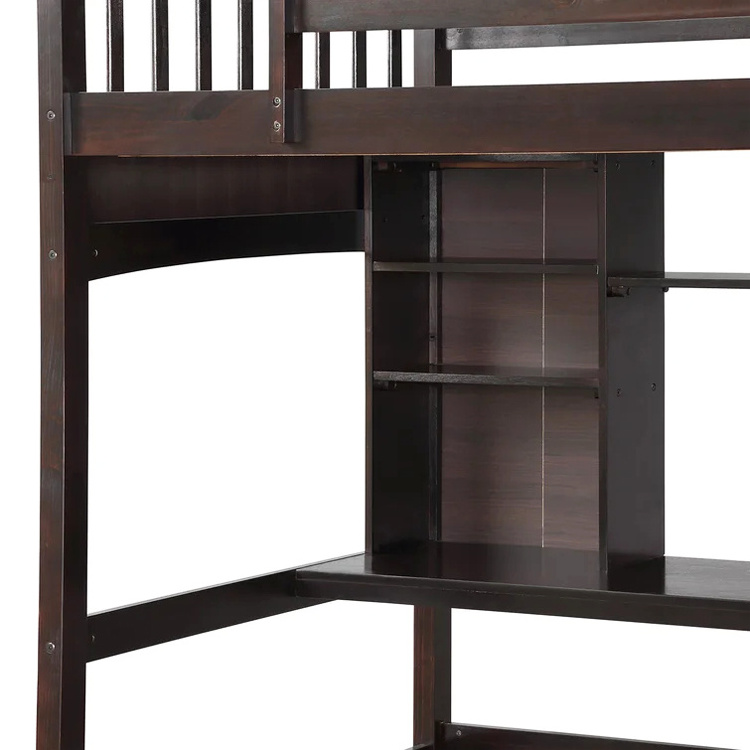 Bedroom Furniture Full Sized Wooden Frame Kids Teens Boys Girls Children High Loft Bed with Desk and Storage Shelves