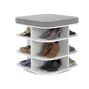 Home Living Room Bedroom Entryway Wooden Shoe Storage Organizer Cabinet 360 Rotating Shoe Rack with Stool