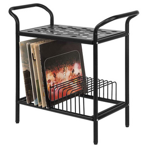 Living Room Bedroom Side End Table Metal 2 Tier Book Vinyl Record Storage Shelf Player Holder Stand