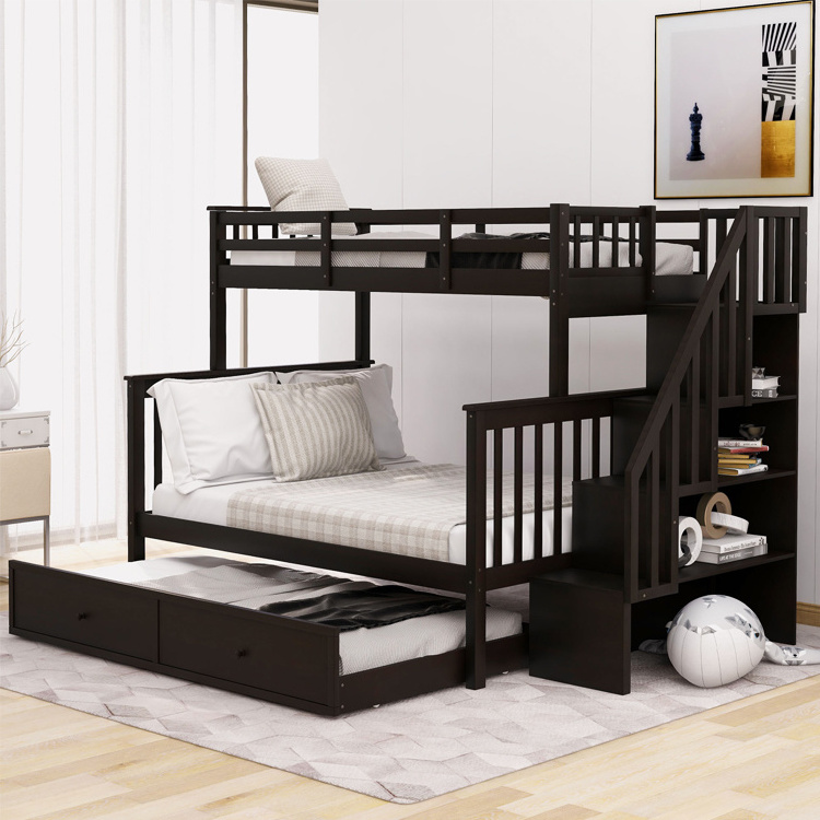 Bedroom Full Sized Wooden Frame Kids Teens Children Double Decker Loft Murphy Bed Twin Over Twin Stairway Bunk Bed with Trundle