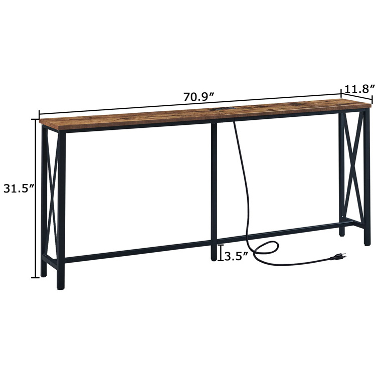 Living Room Hallway Entryway Couch Wooden X-Shaped Metal Frame Sofa Table Narrow Long Console Table with Outlets and USB Ports