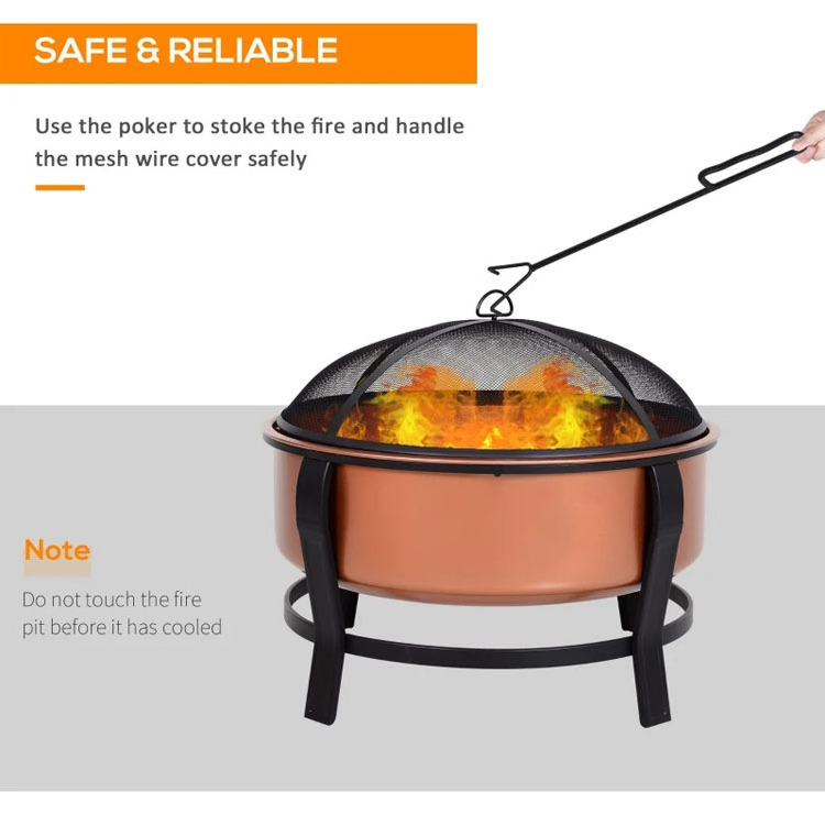 Modern Outdoor Patio Backyard Garden Bonfire Camping Portable Copper-Colored Round Metal Wood Burning Firepit Fire Pit