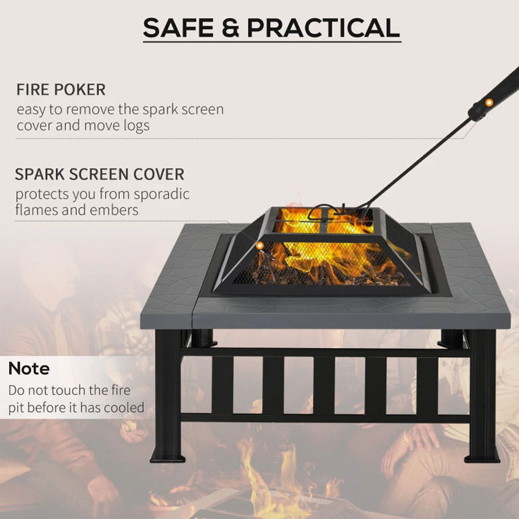 Outdoor Backyard Patio Garden Bonfire Camping Square Wood Burning Firepit Charcoal BBQ Grill Fire Pit Burner Kit with Cover