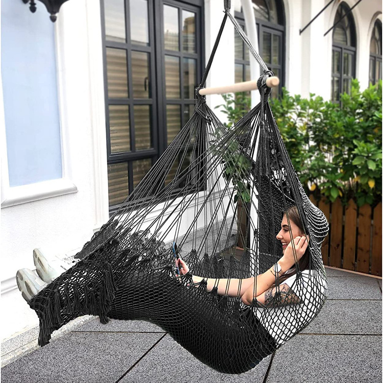 Outdoor Garden Portable Hanging Cotton Rope Hammock Chair Patio Lace Seat Chair Swing with Tassel wood stand