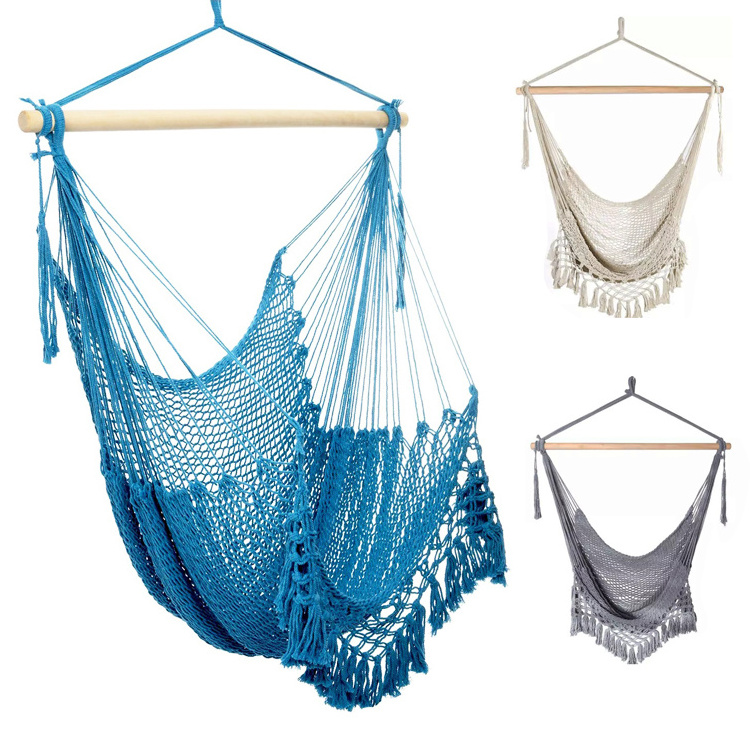 Outdoor Garden Portable Hanging Cotton Rope Hammock Chair Patio Lace Seat Chair Swing with Tassel wood stand