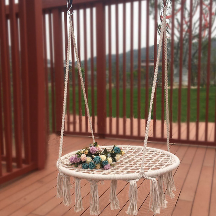 Outdoor Indoor Garden Camping Round Hanging Cotton Rope Foldable Swing Seat Patio Net Swing Chair