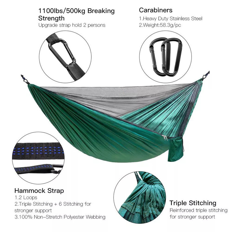 Outdoor Garden Portable Lightweight Folding Nylon Green Camping Parachute Hammocks with Mosquito Net