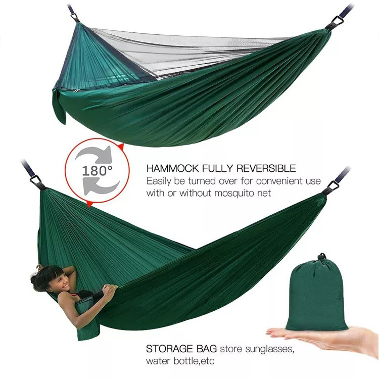 Outdoor Garden Portable Lightweight Folding Nylon Green Camping Parachute Hammocks with Mosquito Net