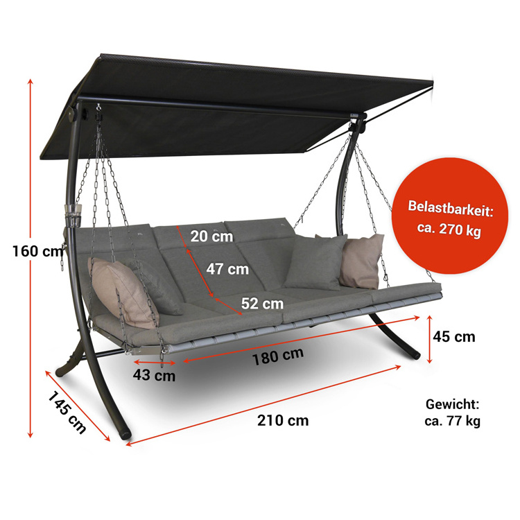 Garden Balcony Beach Pool Outdoor Multifunction 3-Seater Hammock Metal Lounge Swinging Chair with Cushion