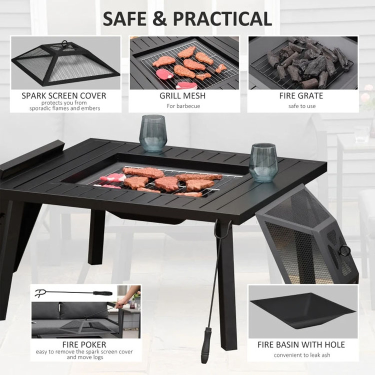 Outdoor Indoor Backyard Patio Garden Camping Portable Square Wood Burning Firepit Charcoal BBQ Grill Coffee Table Fire Pit Table