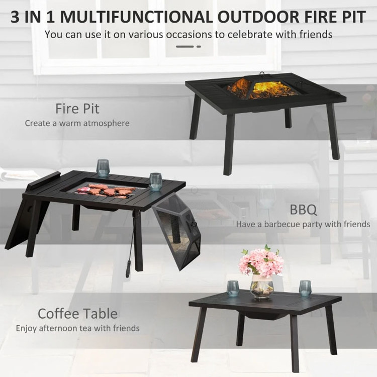 Outdoor Indoor Backyard Patio Garden Camping Portable Square Wood Burning Firepit Charcoal BBQ Grill Coffee Table Fire Pit Table