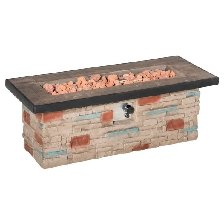 Outdoor Backyard Patio Garden Camping Square Rectangular Faux Ledge Stone Firepit Propane Gas Fire Pit Table