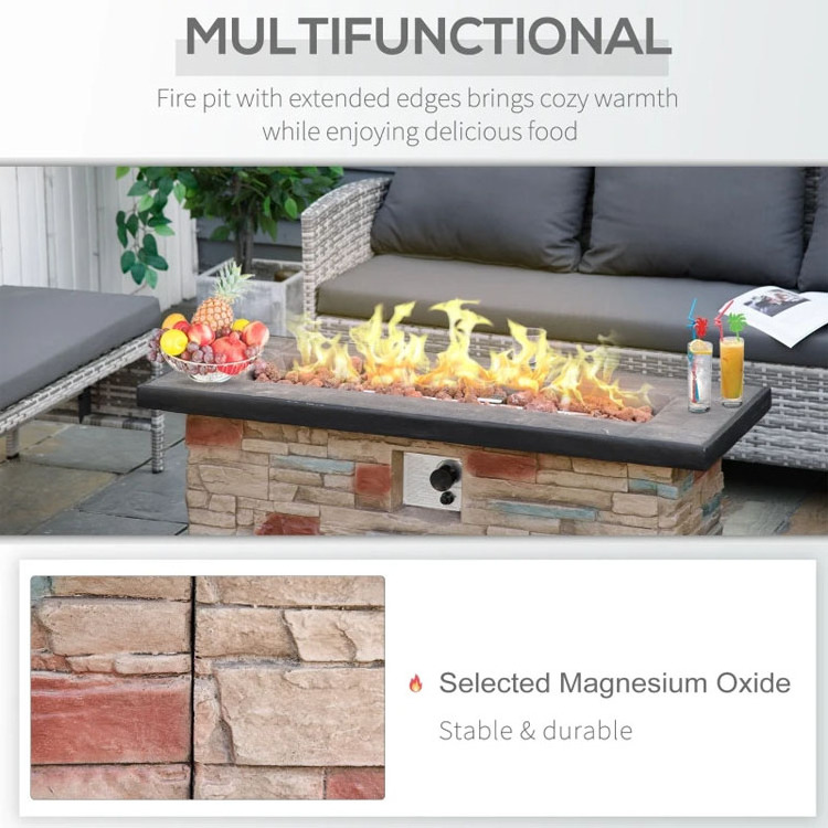 Outdoor Backyard Patio Garden Camping Square Rectangular Faux Ledge Stone Firepit Propane Gas Fire Pit Table