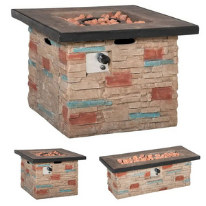 Outdoor Backyard Patio Garden Camping Square Rectangular Faux Ledge Stone Firepit Propane Gas Fire Pit Table