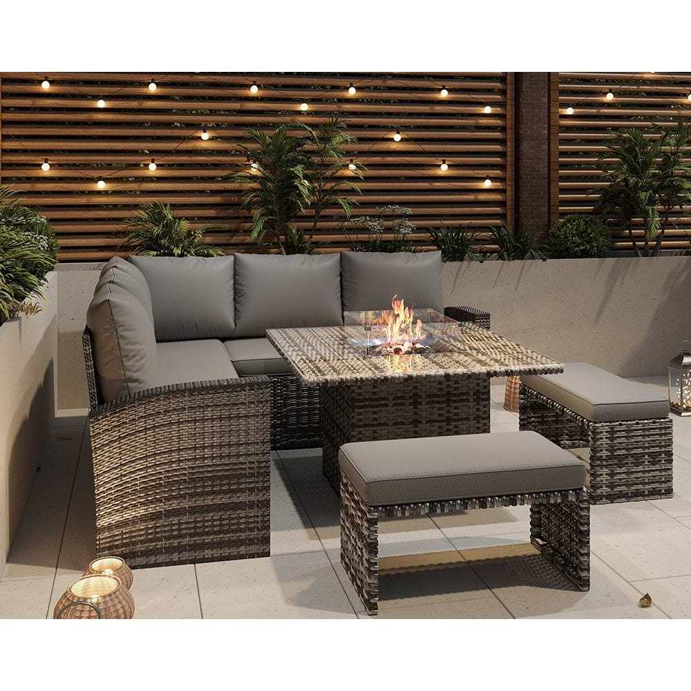 AJUNION Modern L Shape Outdoor Furniture Sofa Set Sectional Corner Lounge Patio Furniture with Fire Pit Table